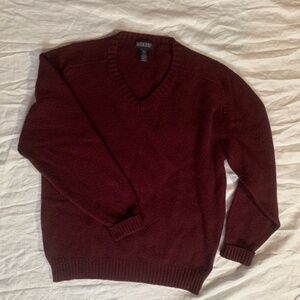 Land's End Men's wool sweater, v-neck pullover, maroon, long-sleeve